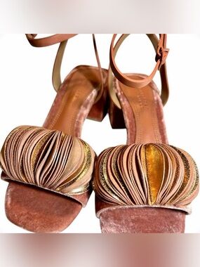 Mercedes Castillo Riza Velvet Petal Block Heel Sandals Rose Gold US 5.5